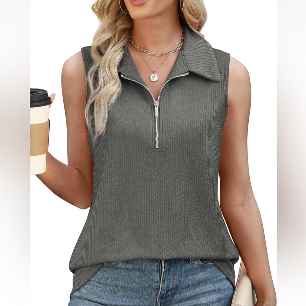 Women’s Ribbed Zipper Tank Top Size Large Gray Blouse Collared Sleeveless Shirt